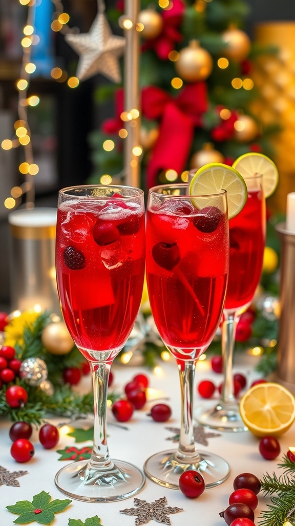 Two festive Christmas cocktails with cranberry juice and sparkling wine, garnished with cranberries and lime, on a decorated holiday table.